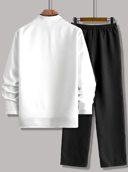 Men's Casual Long Sleeve Button-Up Shirt with Contrast Collar & Drawstring Pants, Green & White Color Block Design, Perfect for Spring/Fall, Regular Fit, Non-Stretch Fabric, Casual Attire