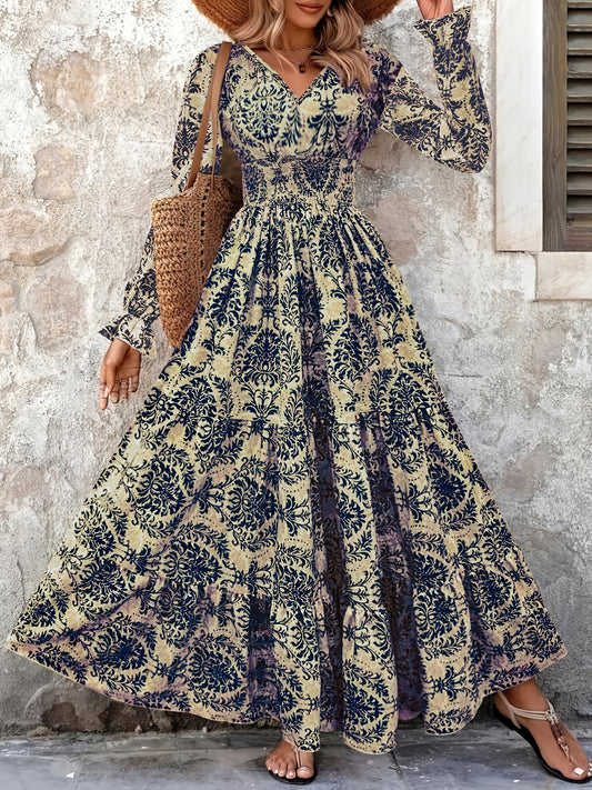 Women's Bohemian Floral Print V-Neck Long Sleeve Maxi Dress -