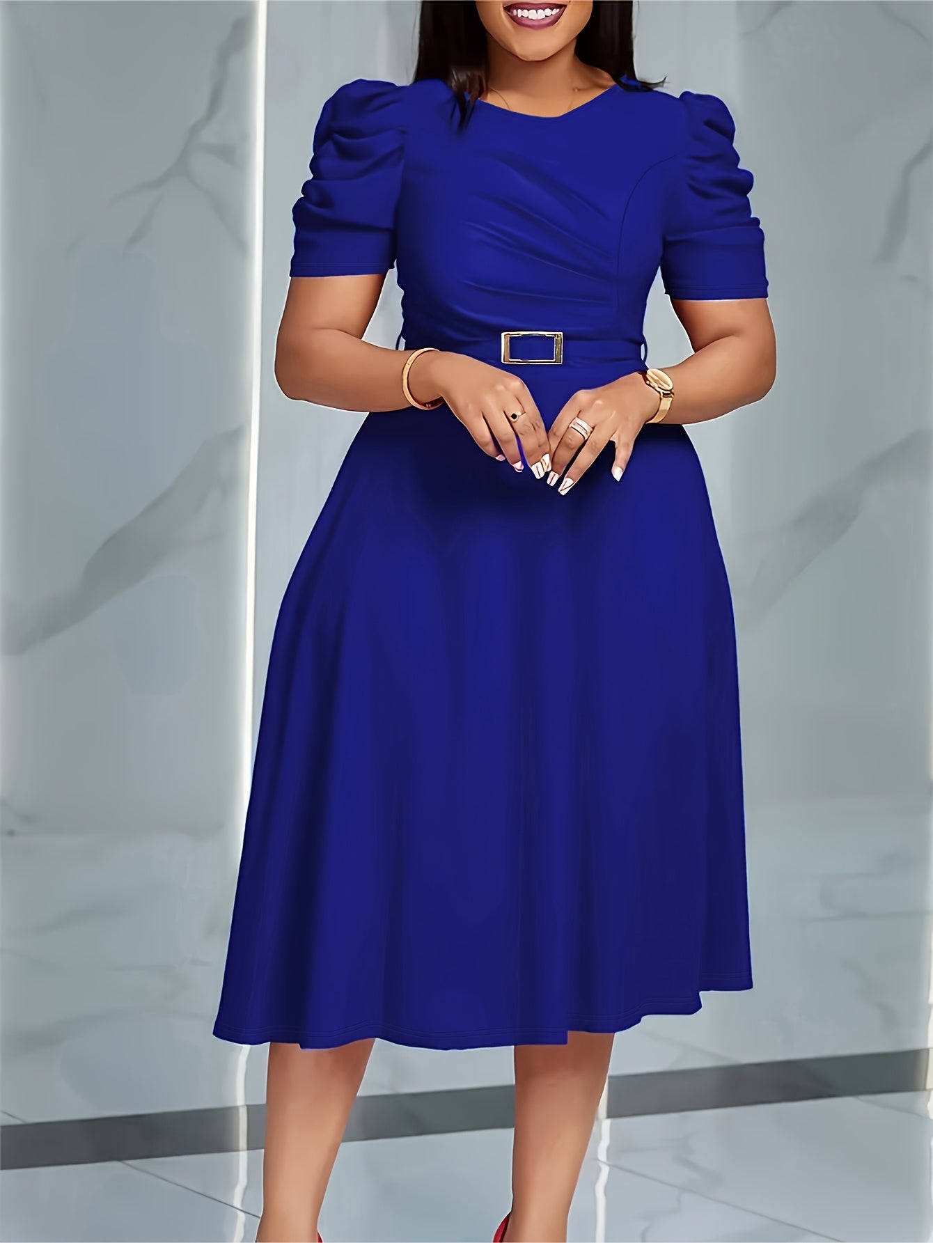 Elegant V-Neck Ruched Midi Dress | Women's Solid Color, Short Sleeve, Cinched Waist with Belt, Flowy Skirt