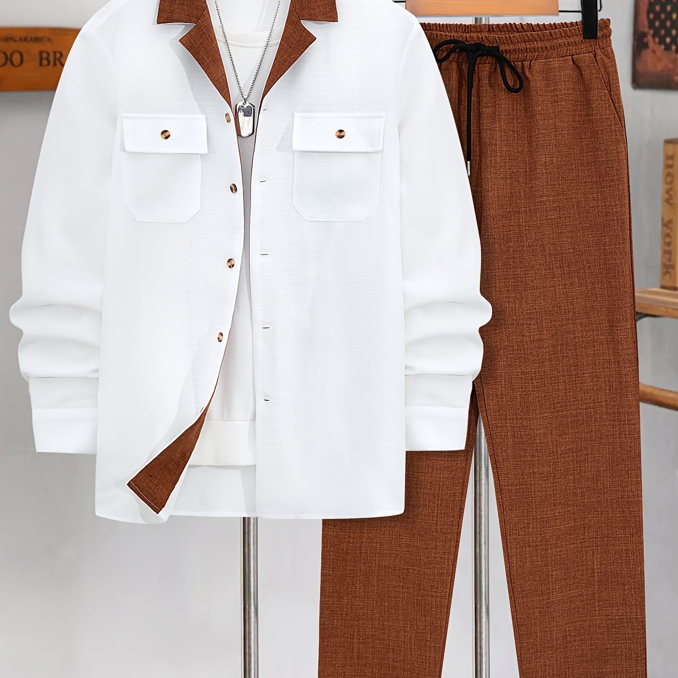 Men's Long-Sleeve Button-Up Shirt Top, Casual Straight-Leg Pants Set.