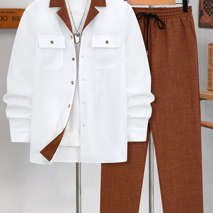 Men's Long-Sleeve Button-Up Shirt Top, Casual Straight-Leg Pants Set.