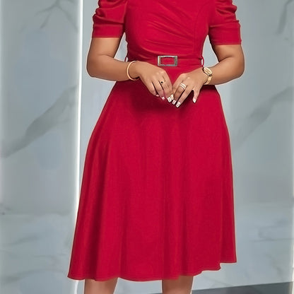 Elegant V-Neck Ruched Midi Dress | Women's Solid Color, Short Sleeve, Cinched Waist with Belt, Flowy Skirt
