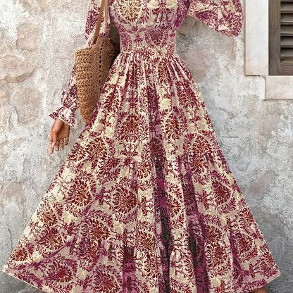 Women's Bohemian Floral Print V-Neck Long Sleeve Maxi Dress -