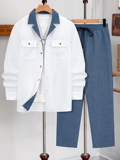 Men's Long-Sleeve Button-Up Shirt Top, Casual Straight-Leg Pants Set.