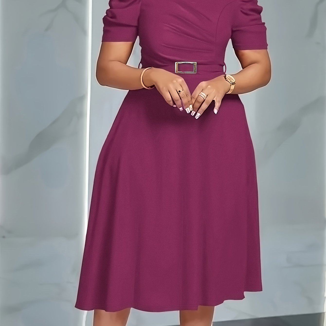 Elegant V-Neck Ruched Midi Dress | Women's Solid Color, Short Sleeve, Cinched Waist with Belt, Flowy Skirt