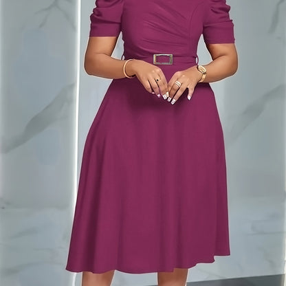 Elegant V-Neck Ruched Midi Dress | Women's Solid Color, Short Sleeve, Cinched Waist with Belt, Flowy Skirt