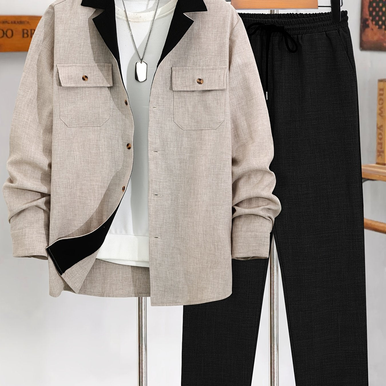 Men's Long-Sleeve Button-Up Shirt Top, Casual Straight-Leg Pants Set.