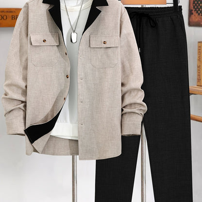 Men's Long-Sleeve Button-Up Shirt Top, Casual Straight-Leg Pants Set.