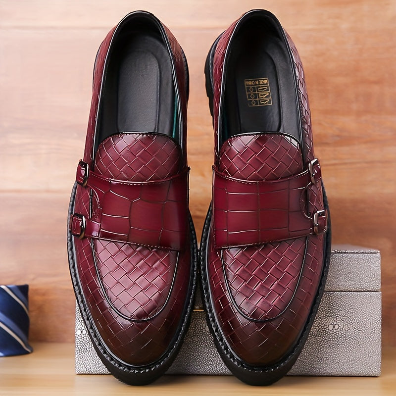 Men's Plaid Design Double Monk Strap Loafers With PU Uppers, Slip Resistant Slip On Dress Shoes For Wedding Party Occasions