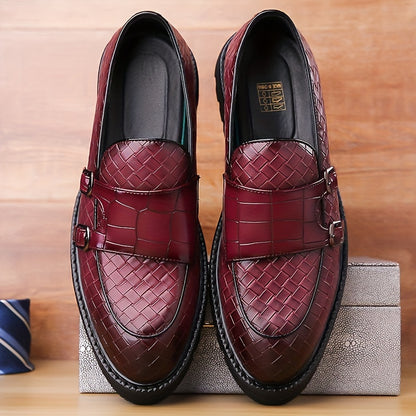 Men's Plaid Design Double Monk Strap Loafers With PU Uppers, Slip Resistant Slip On Dress Shoes For Wedding Party Occasions
