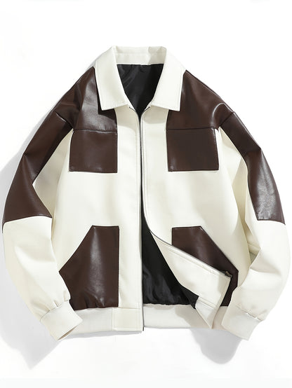 Men's Casual Color-Block Faux Leather Jacket