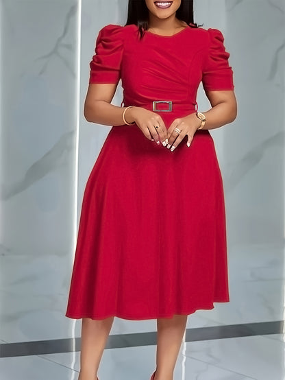 Elegant V-Neck Ruched Midi Dress | Women's Solid Color, Short Sleeve, Cinched Waist with Belt, Flowy Skirt