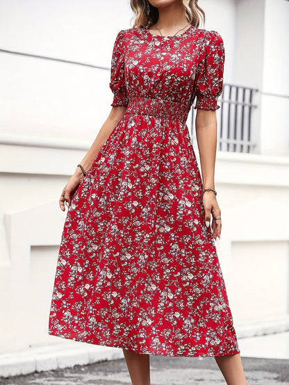 Women's Slim Fit Floral Print A-Line Dress with Bubble Sleeves & Flared Hem